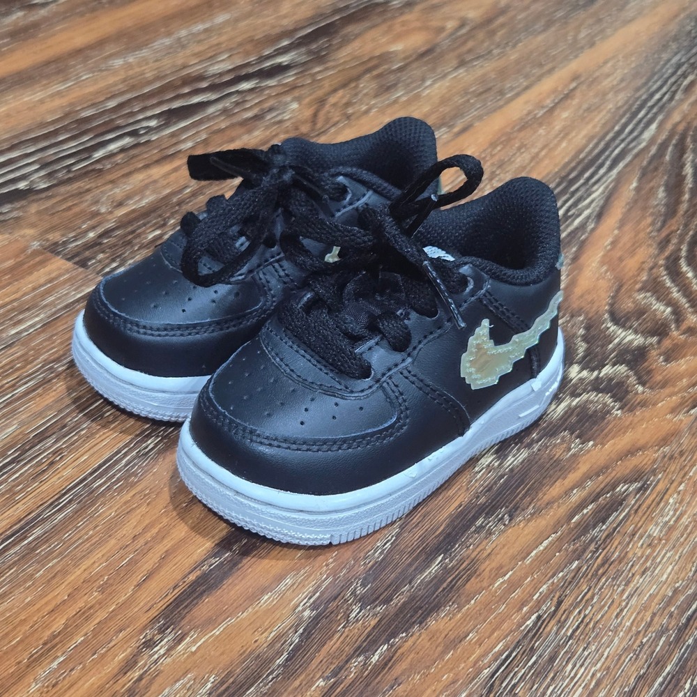 Nike 4C Air Force 1 Low Toddler Black Digital Gold Logo Sneakers CW1582-002